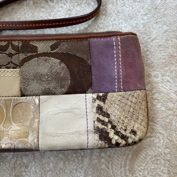 Coach Patchwork Zippered Wristlet Signature C Leather Suede Metallic Snakeskin - Picture 3 of 16